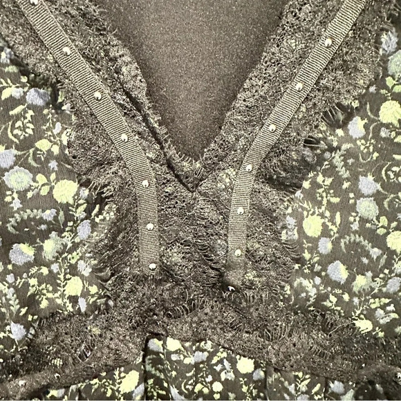 Zara sheer balloon sleeve floral and lace green/black dress large - Picture 5 of 10